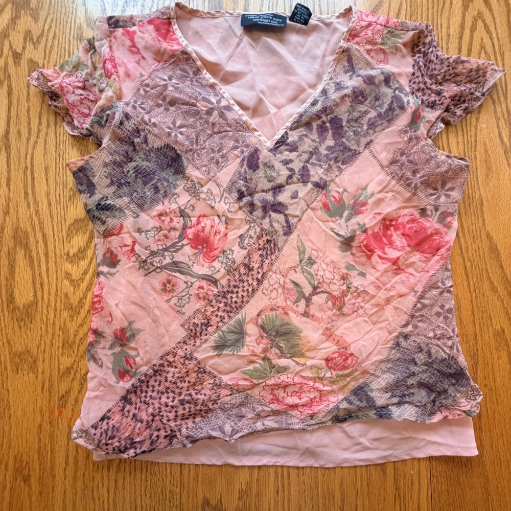 VTG New York City Design Co Silk Patchwork Top Women Large Pink Floral Fairycore